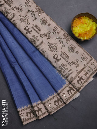 Semi tussar saree blue shade and beige with plain body and warli prints kantha stitch work border