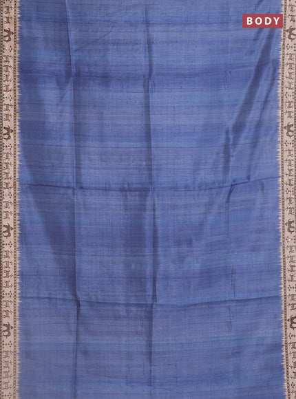 Semi tussar saree blue shade and beige with plain body and warli prints kantha stitch work border