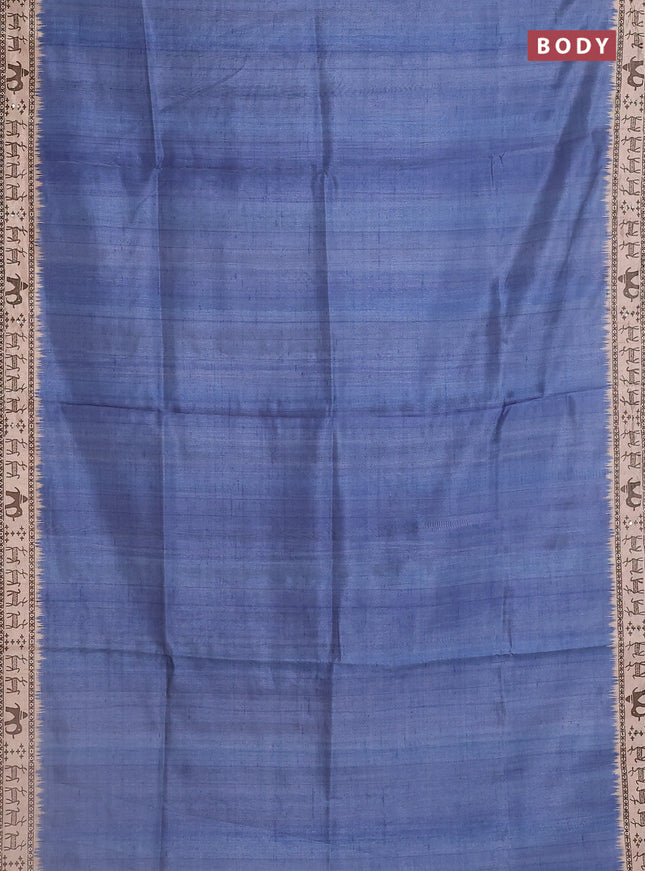 Semi tussar saree blue shade and beige with plain body and warli prints kantha stitch work border