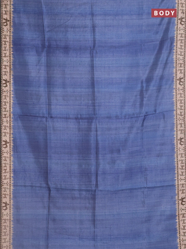 Semi tussar saree blue shade and beige with plain body and warli prints kantha stitch work border
