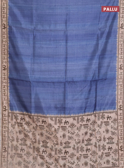 Semi tussar saree blue shade and beige with plain body and warli prints kantha stitch work border