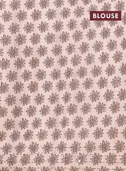 Semi tussar saree blue shade and beige with plain body and warli prints kantha stitch work border