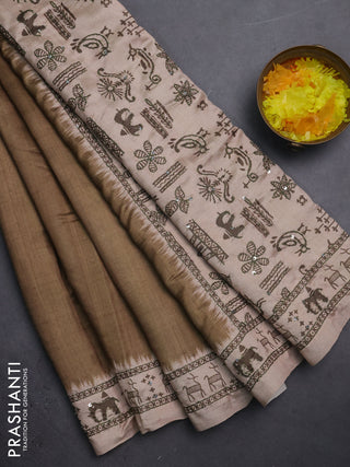 Semi tussar saree sap green and beige with plain body and warli prints kantha stitch work border