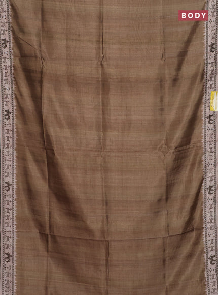 Semi tussar saree sap green and beige with plain body and warli prints kantha stitch work border