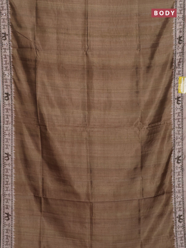 Semi tussar saree sap green and beige with plain body and warli prints kantha stitch work border