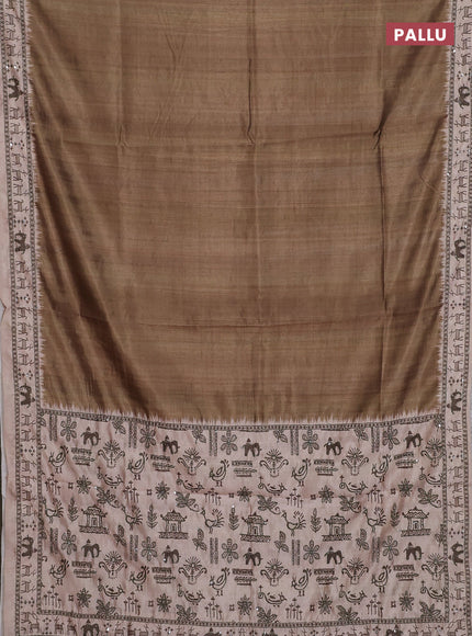 Semi tussar saree sap green and beige with plain body and warli prints kantha stitch work border
