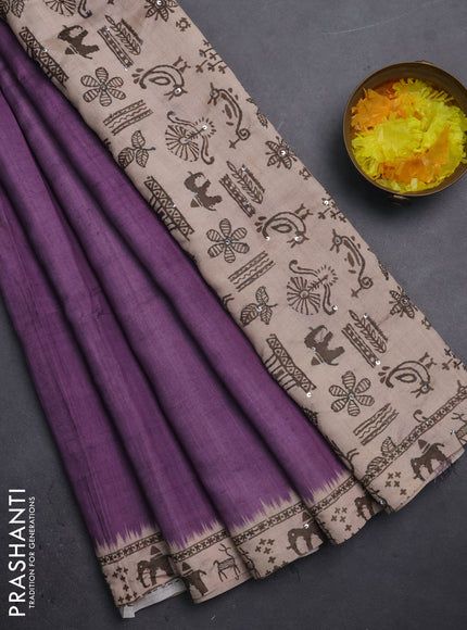Semi tussar saree purple and beige with plain body and warli prints kantha stitch work border
