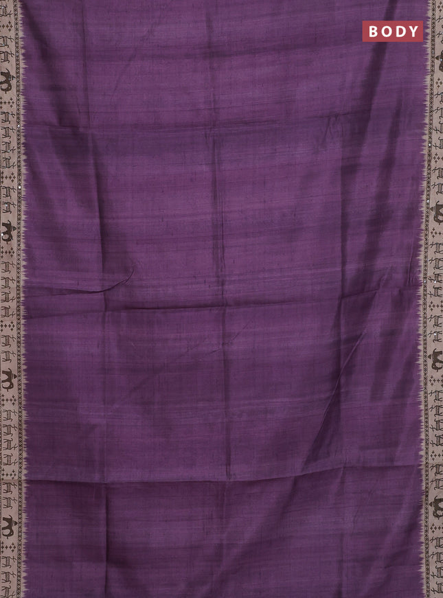 Semi tussar saree purple and beige with plain body and warli prints kantha stitch work border