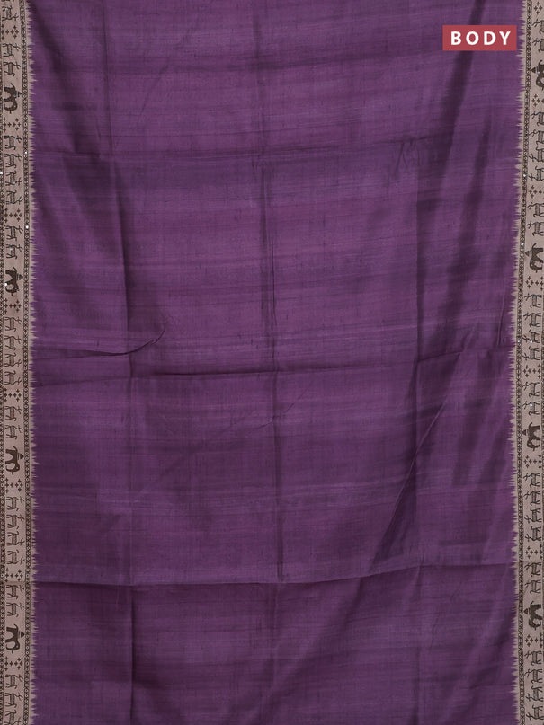 Semi tussar saree purple and beige with plain body and warli prints kantha stitch work border