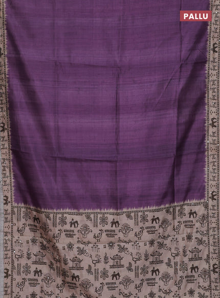 Semi tussar saree purple and beige with plain body and warli prints kantha stitch work border
