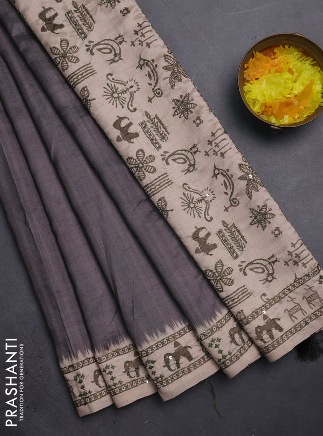 Semi tussar saree grey and beige with plain body and warli prints kantha stitch work border