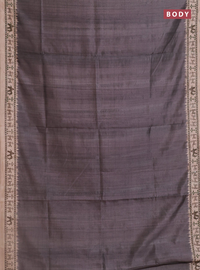 Semi tussar saree grey and beige with plain body and warli prints kantha stitch work border