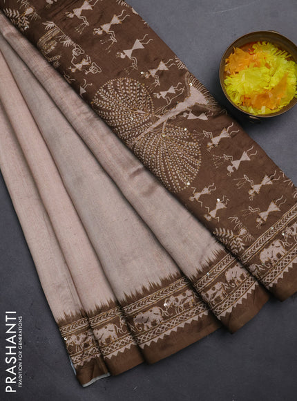Semi tussar saree beige and sap green with plain body and warli prints kantha stitch work border