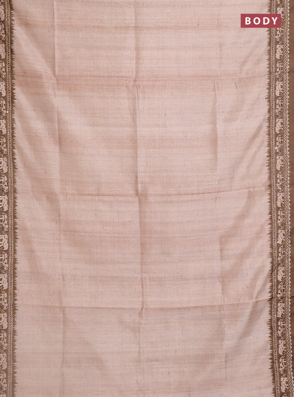 Semi tussar saree beige and sap green with plain body and warli prints kantha stitch work border