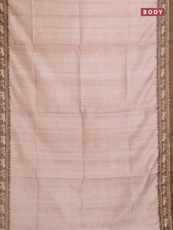 Semi tussar saree beige and sap green with plain body and warli prints kantha stitch work border
