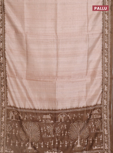 Semi tussar saree beige and sap green with plain body and warli prints kantha stitch work border