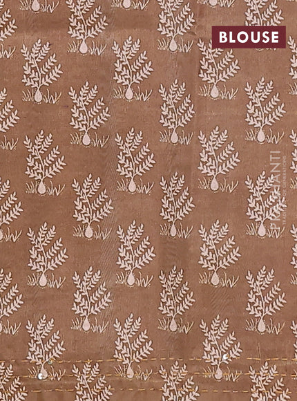 Semi tussar saree beige and sap green with plain body and warli prints kantha stitch work border