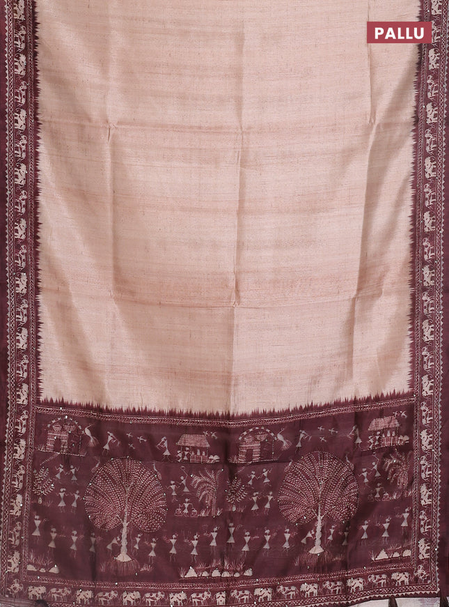 Semi tussar saree beige and marooon with plain body and warli prints kantha stitch work border