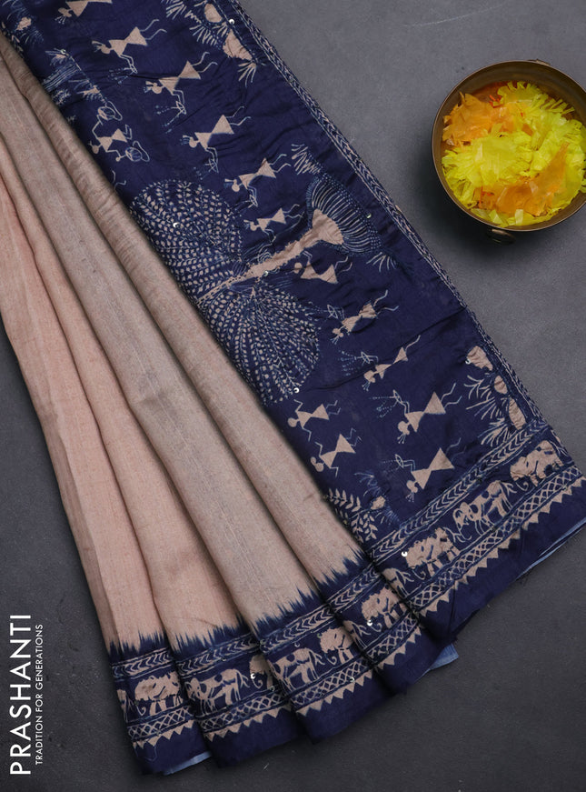 Semi tussar saree beige and navy blue with plain body and warli prints kantha stitch work border
