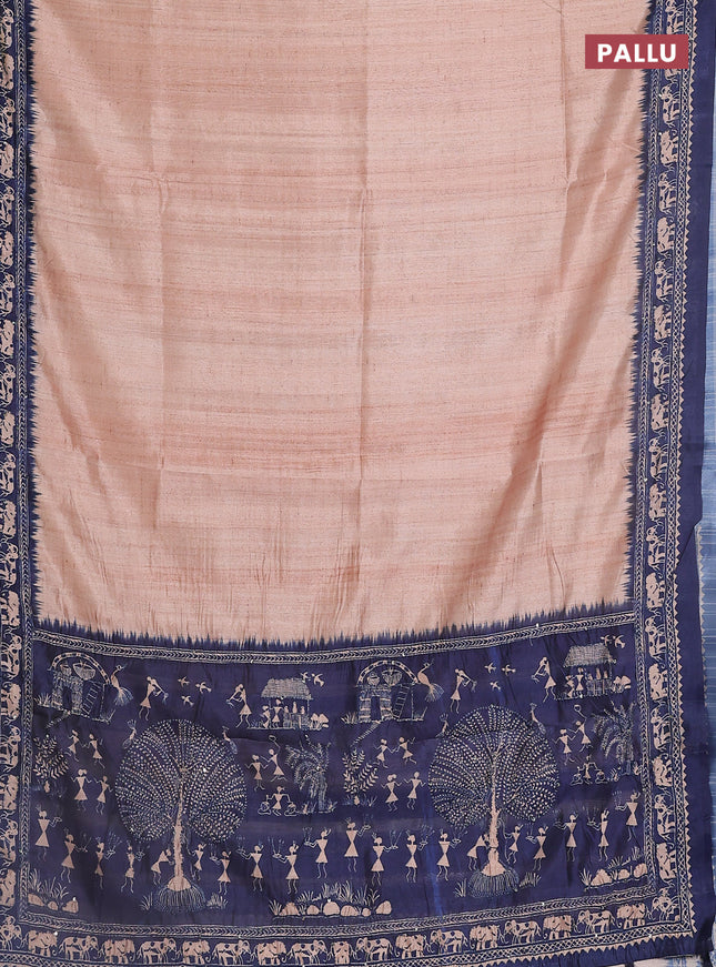 Semi tussar saree beige and navy blue with plain body and warli prints kantha stitch work border