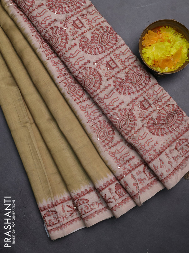 Semi tussar saree sap green and beige with plain body and warli prints kantha stitch work border