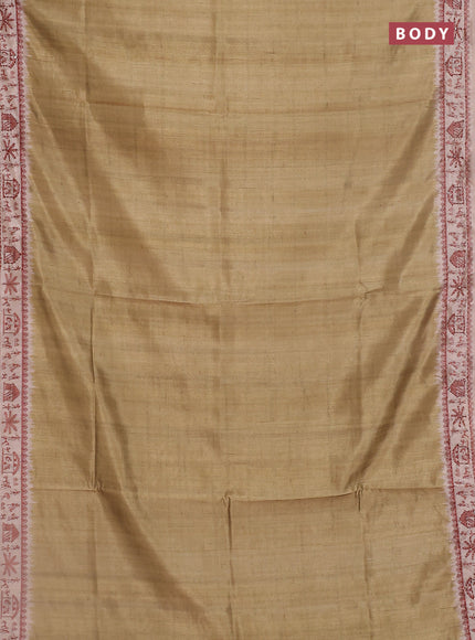 Semi tussar saree sap green and beige with plain body and warli prints kantha stitch work border