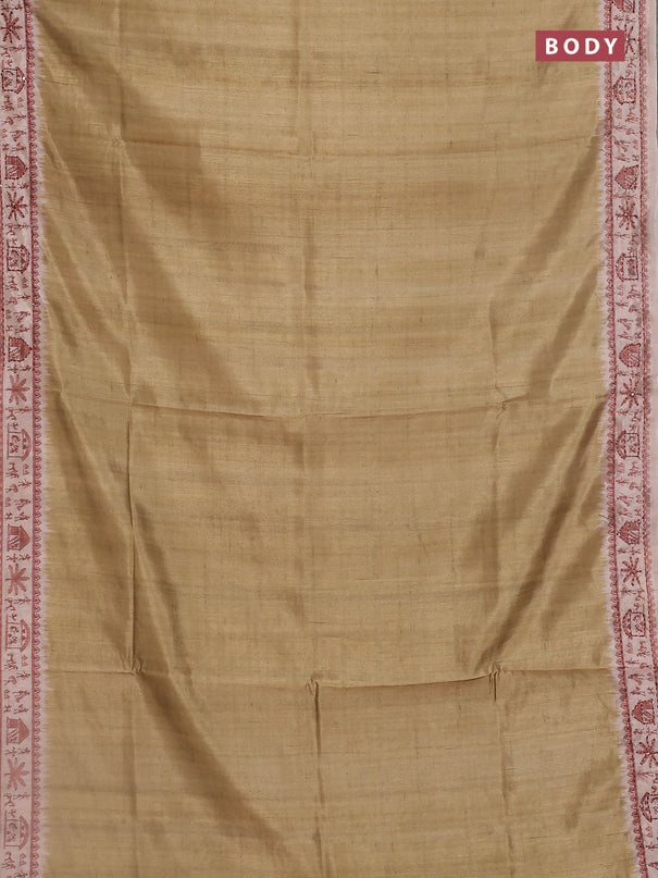 Semi tussar saree sap green and beige with plain body and warli prints kantha stitch work border