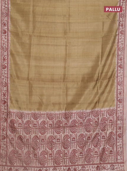 Semi tussar saree sap green and beige with plain body and warli prints kantha stitch work border