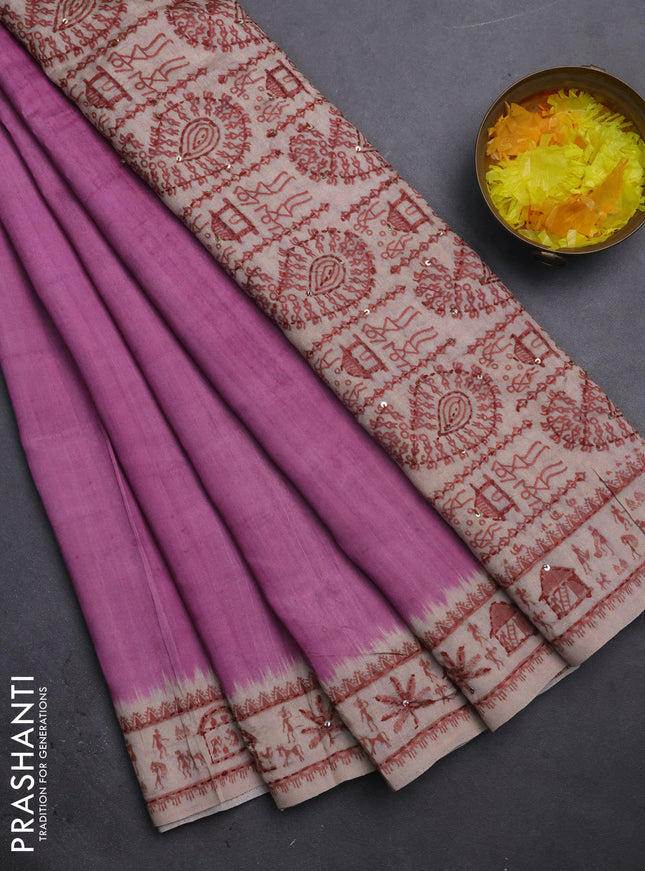 Semi tussar saree purple and beige with plain body and warli prints kantha stitch work border