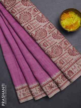 Semi tussar saree purple and beige with plain body and warli prints kantha stitch work border