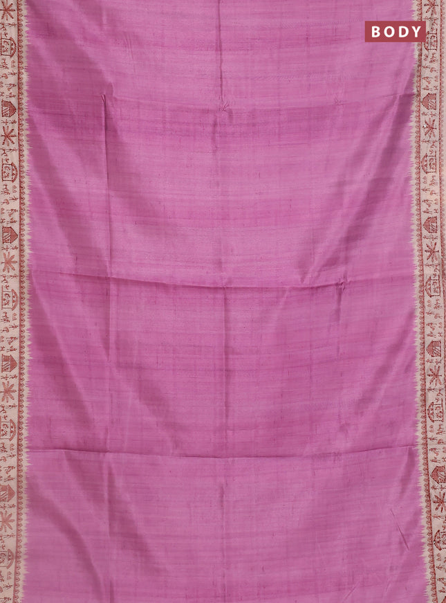 Semi tussar saree purple and beige with plain body and warli prints kantha stitch work border