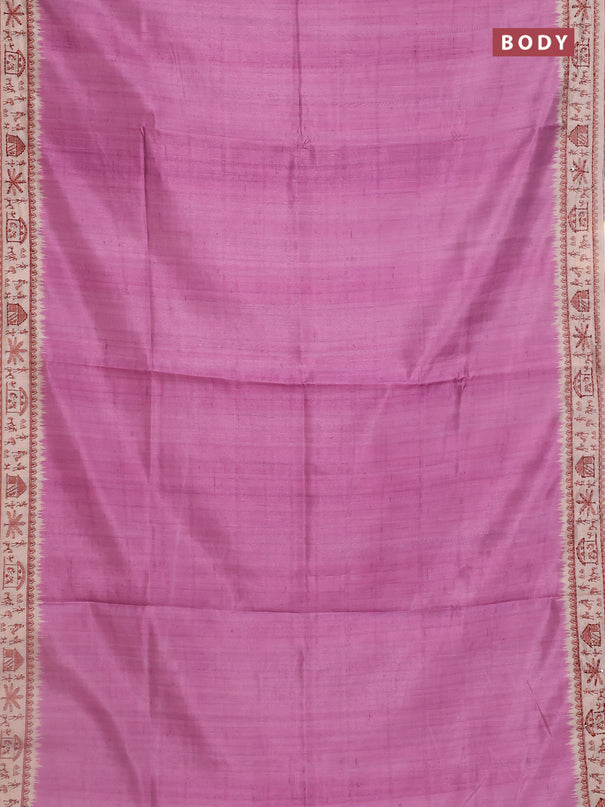 Semi tussar saree purple and beige with plain body and warli prints kantha stitch work border