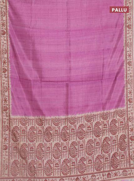 Semi tussar saree purple and beige with plain body and warli prints kantha stitch work border