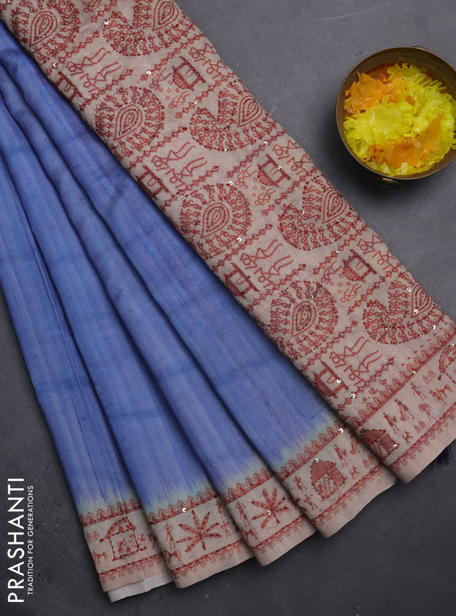 Semi tussar saree blue shade and beige with plain body and warli prints kantha stitch work border