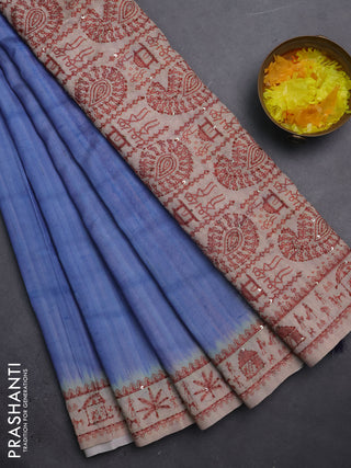 Semi tussar saree blue shade and beige with plain body and warli prints kantha stitch work border