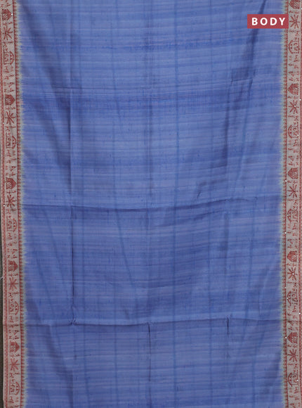Semi tussar saree blue shade and beige with plain body and warli prints kantha stitch work border