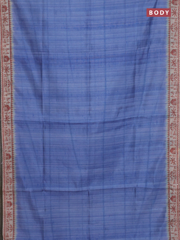 Semi tussar saree blue shade and beige with plain body and warli prints kantha stitch work border