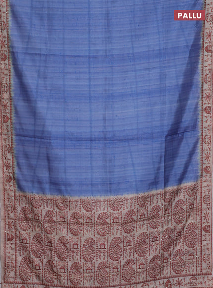Semi tussar saree blue shade and beige with plain body and warli prints kantha stitch work border