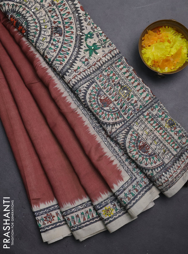 Semi tussar saree brown and cream with plain body and warli prints kantha stitch work border