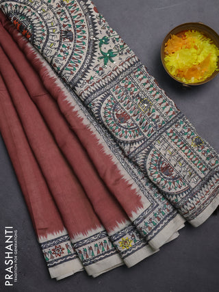 Semi tussar saree brown and cream with plain body and warli prints kantha stitch work border