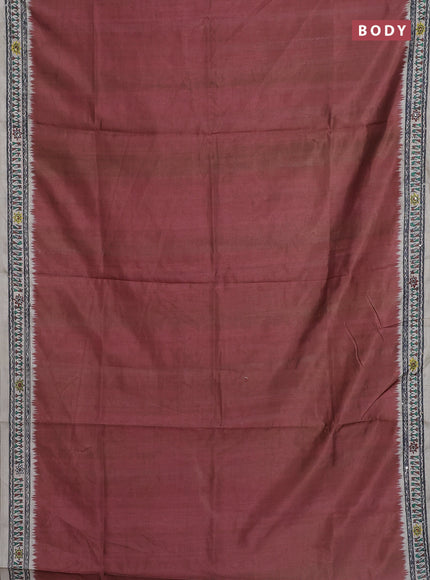 Semi tussar saree brown and cream with plain body and warli prints kantha stitch work border
