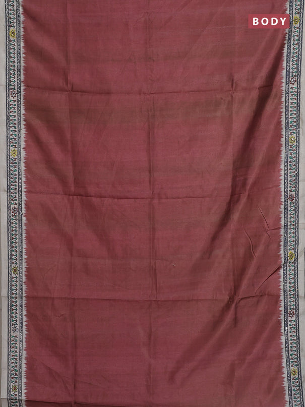 Semi tussar saree brown and cream with plain body and warli prints kantha stitch work border