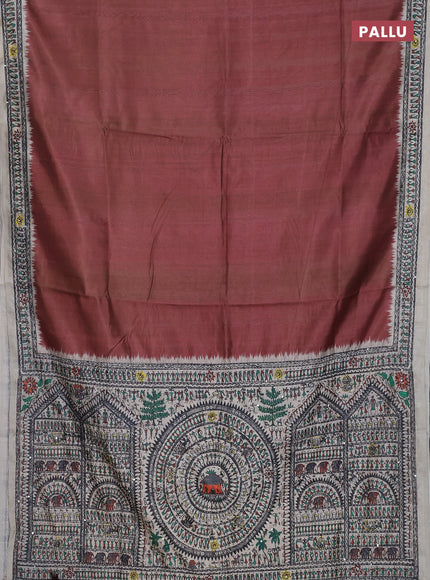Semi tussar saree brown and cream with plain body and warli prints kantha stitch work border
