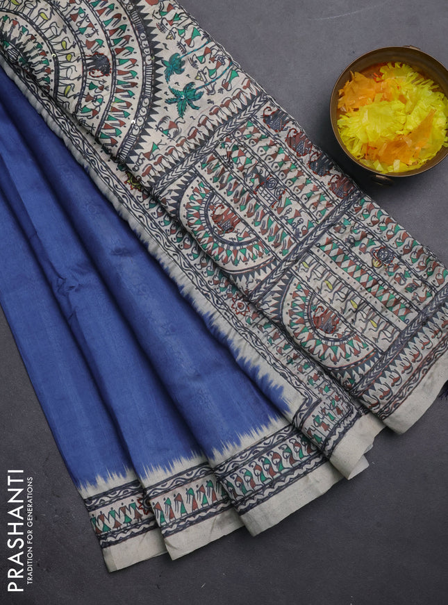 Semi tussar saree blue and cream with plain body and warli prints kantha stitch work border
