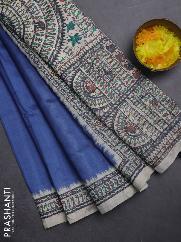 Semi tussar saree blue and cream with plain body and warli prints kantha stitch work border