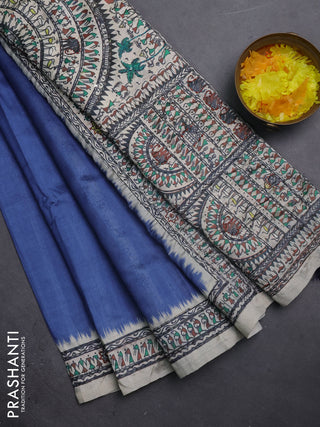 Semi tussar saree blue and cream with plain body and warli prints kantha stitch work border
