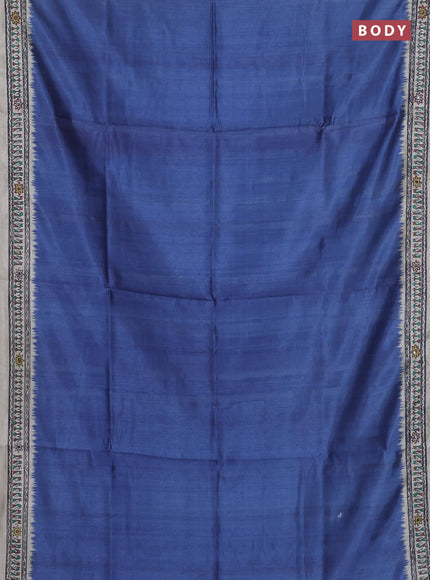 Semi tussar saree blue and cream with plain body and warli prints kantha stitch work border