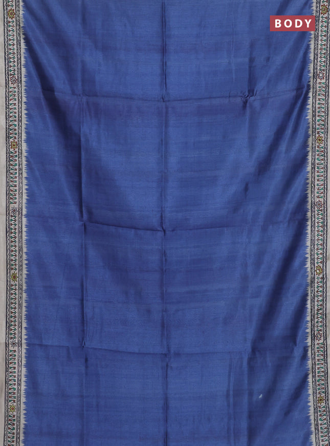 Semi tussar saree blue and cream with plain body and warli prints kantha stitch work border