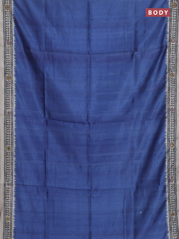 Semi tussar saree blue and cream with plain body and warli prints kantha stitch work border