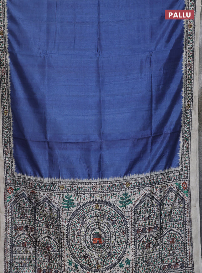 Semi tussar saree blue and cream with plain body and warli prints kantha stitch work border
